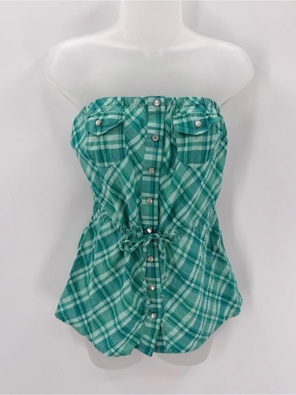 Kirra Strapless Top Women’s M Plaid Pearl Snap Drawstring Tube Top Western